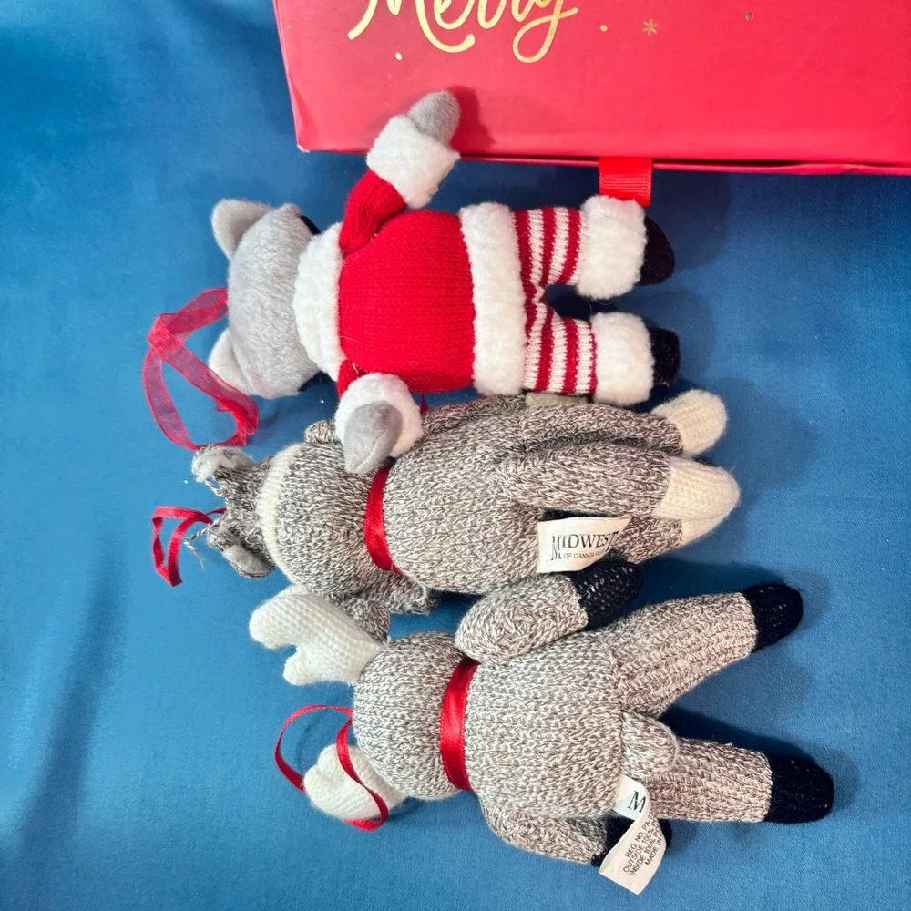 Midwest Cannon Falls Knit Christmas Ornaments Sock Monkey Moose Raccoon Lot of 3